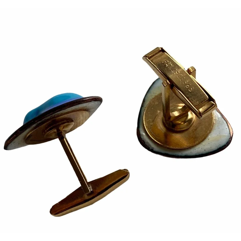 Blue Enamel Round Edges Triangular Shaped Sparkly Gold Tone Men's Cufflinks